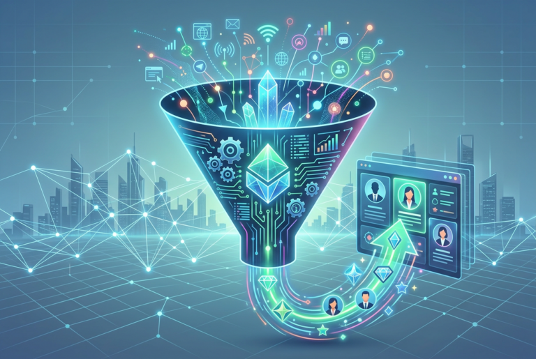 A futuristic illustration depicting data flowing into a glowing, circuit-board-lined funnel containing an Ethereum-like crystal. The output is a stream of glowing icons, including user profiles, diamonds, and stars, curving upwards toward a stack of digital profile windows, set against a backdrop of a glowing network grid over a modern cityscape.