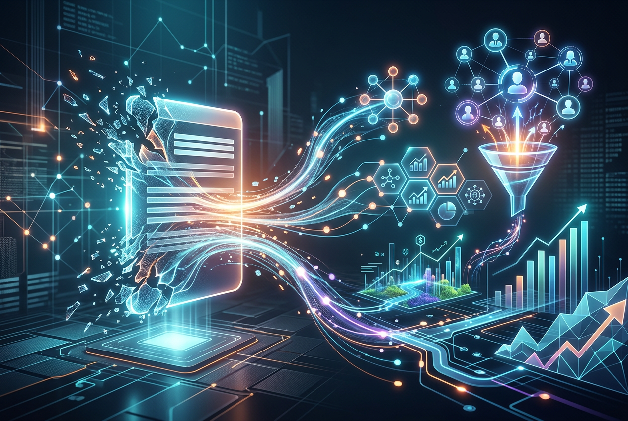 A futuristic, abstract digital visualization showing data processing. A glowing, fragmented document icon on the left emits streams of light and data points that flow towards a funnel, which is connected to network nodes representing users and various glowing hexagonal icons depicting charts and analytics. The output flows into rising bar graphs and upward trending line charts, suggesting data transformation and growth.