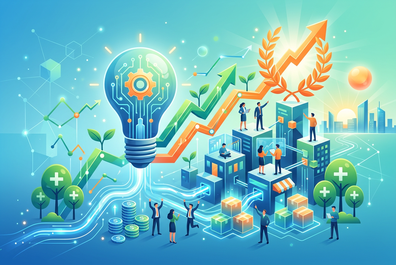 A vibrant, conceptual illustration depicting business growth and innovation. A large, glowing lightbulb with internal circuitry and a gear symbolizes ideas and technology. Upward trending green and orange line graphs rise behind it, culminating in an orange arrow crowned with a laurel wreath, suggesting success. Small figures of business professionals interact with digital interfaces and blocks representing data or infrastructure. Stacks of coins and stylized trees with white plus signs are visible in the foreground, set against a backdrop of a rising sun over a modern cityscape.
