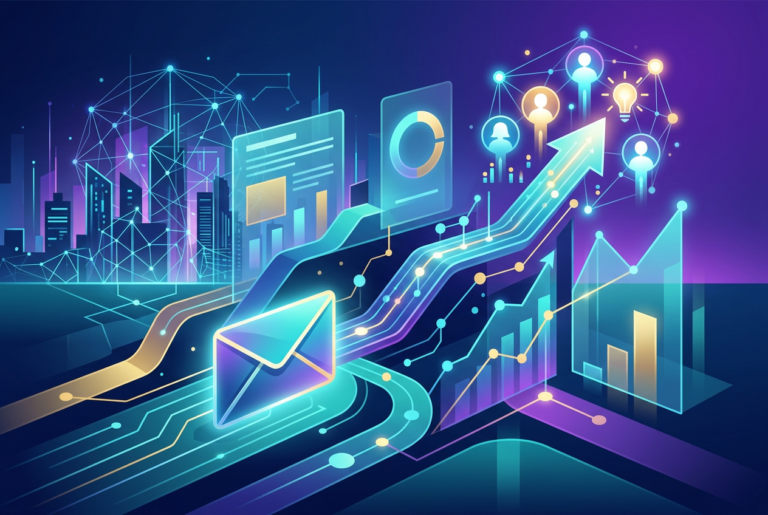 A futuristic, neon-lit digital illustration showing data flow, charts, an upward trending arrow, an email icon, and interconnected user profiles against a backdrop of a stylized city skyline, symbolizing digital marketing and growth.