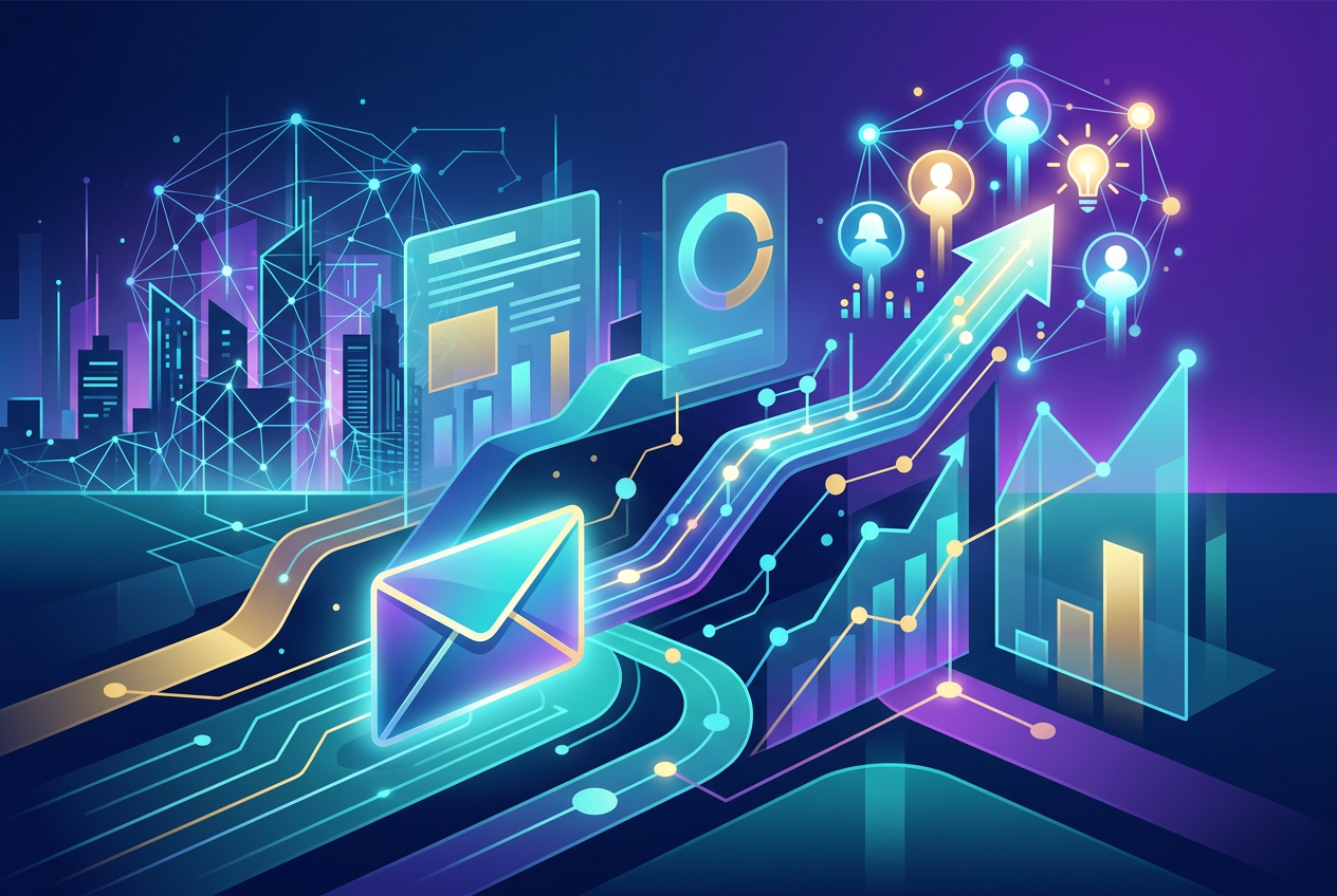 A futuristic, neon-lit digital illustration showing data flow, charts, an upward trending arrow, an email icon, and interconnected user profiles against a backdrop of a stylized city skyline, symbolizing digital marketing and growth.