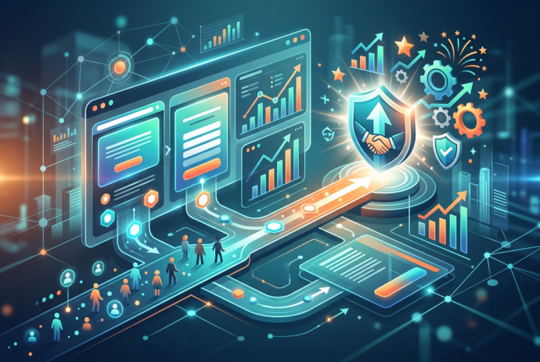 Digital illustration showing a glowing pathway connecting user icons and data interfaces to a central shield icon featuring a handshake and an upward arrow, symbolizing secure and successful lead generation and growth.