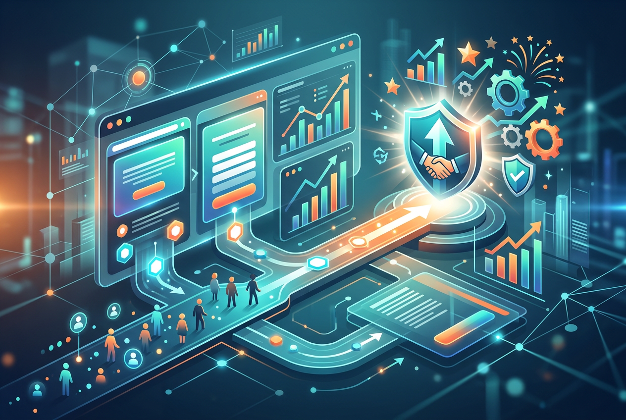 Digital illustration showing a glowing pathway connecting user icons and data interfaces to a central shield icon featuring a handshake and an upward arrow, symbolizing secure and successful lead generation and growth.